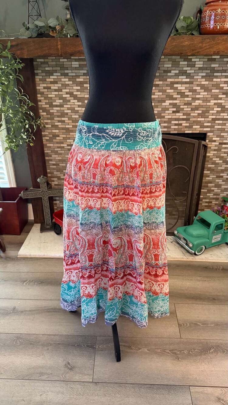 Cato Women's Bohemian Paisley Print Shirred Smocked Waist Maxi Skirt Size Large